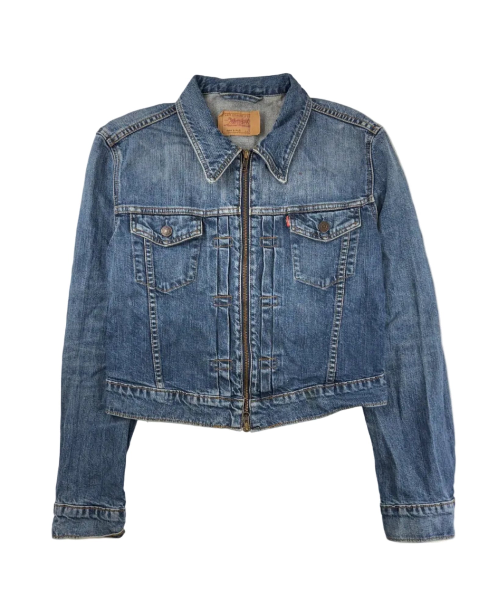 Vintage cropped Levi's denim jacket – front view, women's size L