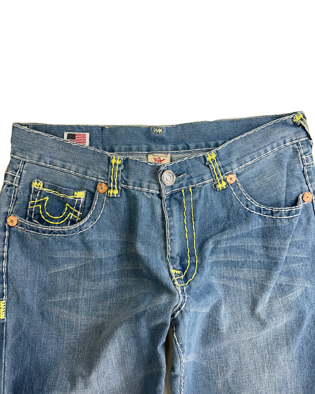 Vintage True Religion Super T Contrast Jeans – front detail, size 38