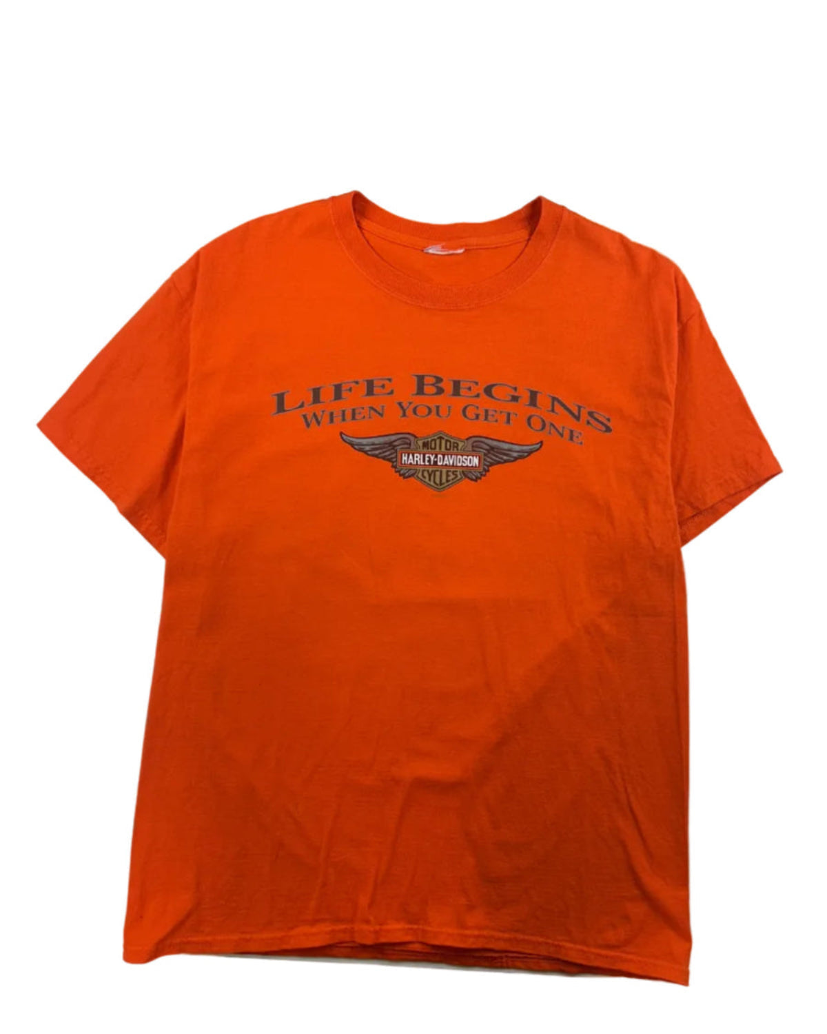 Harley Davidson Life Begins When You Get One vintage t-shirt front view size XL
