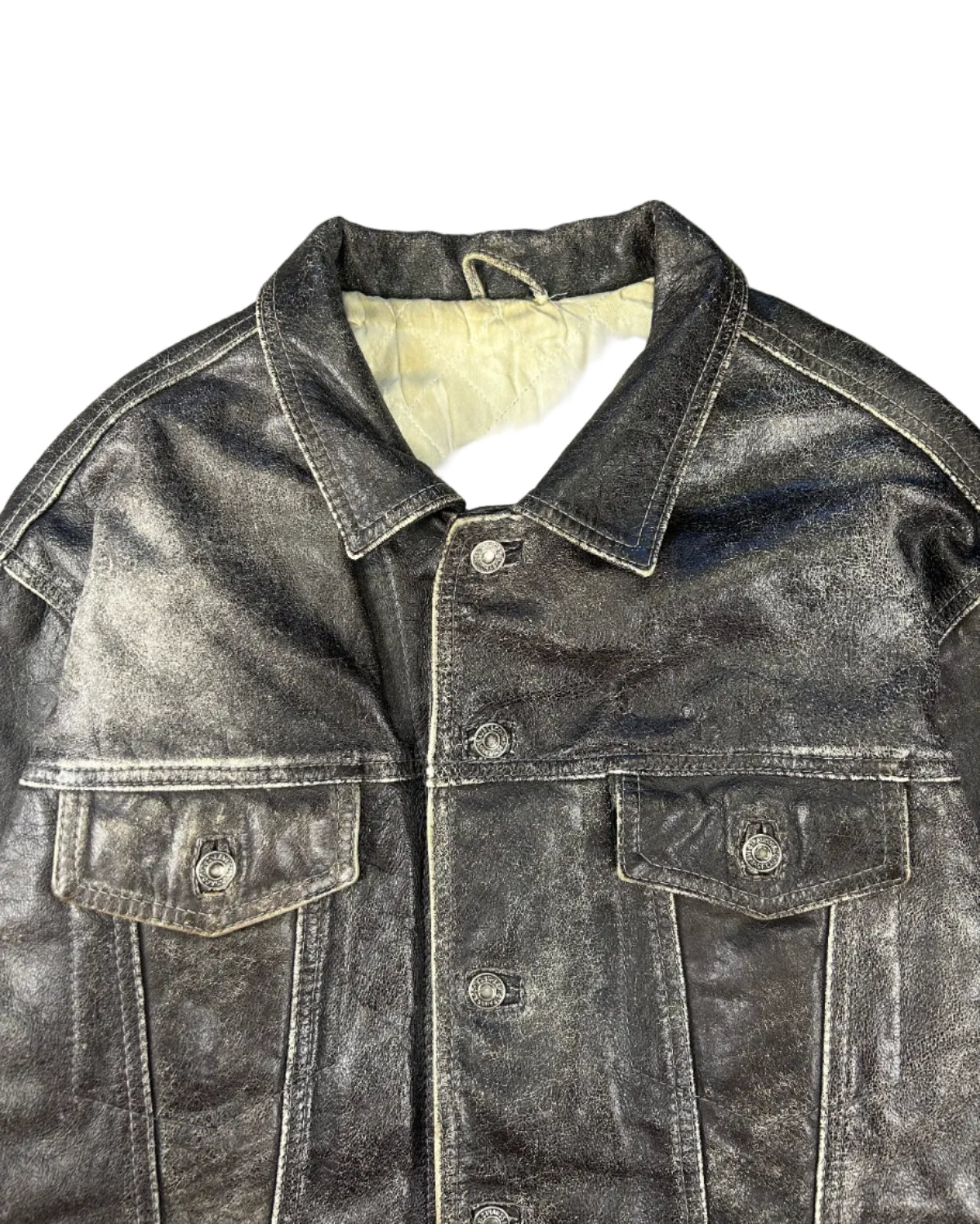 VINTAGE DISTRESSED LEATHER TRUCKER JACKET