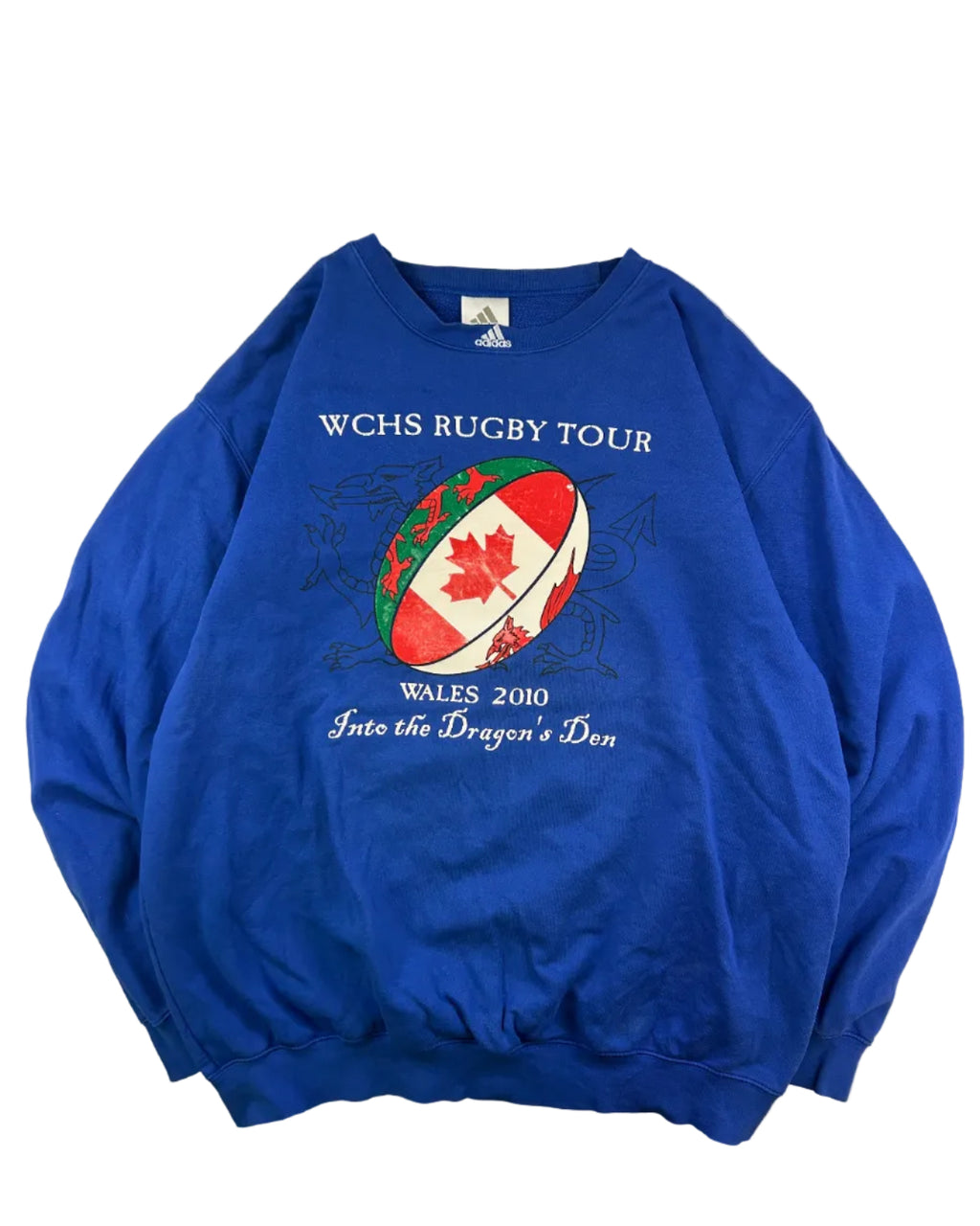 Vintage 2010 Adidas WCHS Rugby Tour Wales sweatshirt – front view, size L