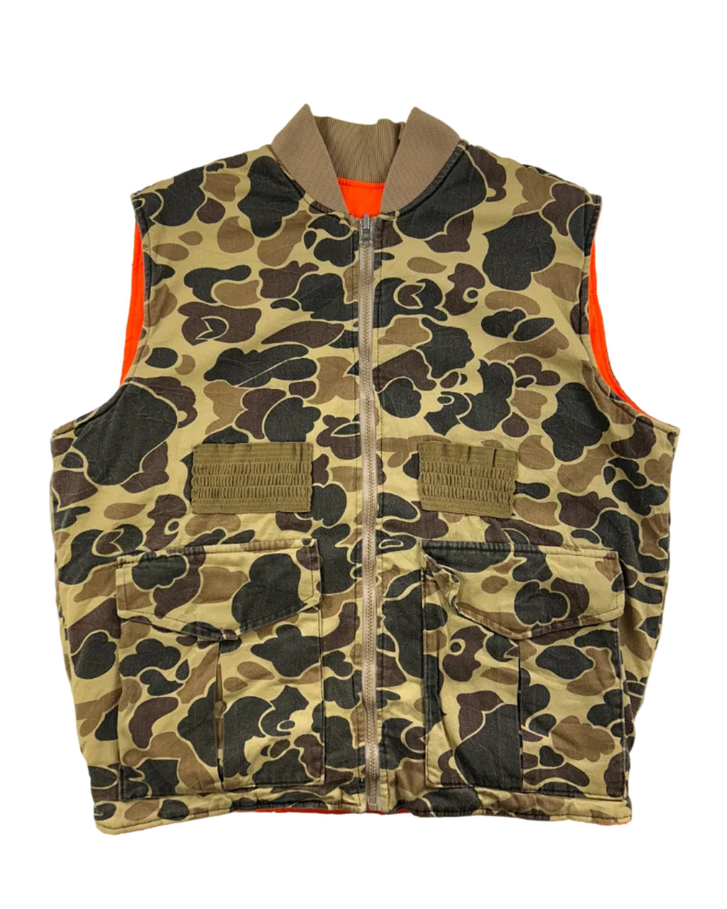 Vintage käännettävä metsästysliivi edestä, duck camo puoli, koko L