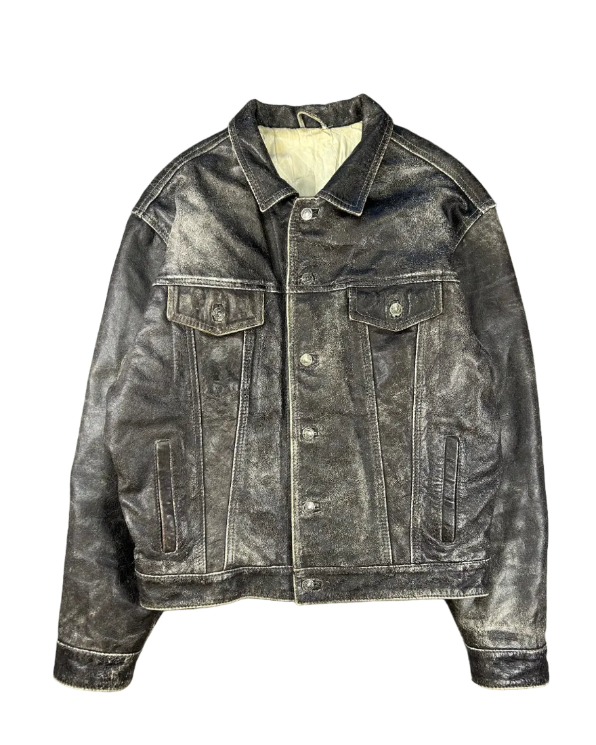 VINTAGE DISTRESSED LEATHER TRUCKER JACKET